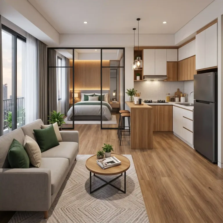 Desain interior apartemen studio di BSD City dengan ruang tamu, kitchen set kayu, dan jendela besar