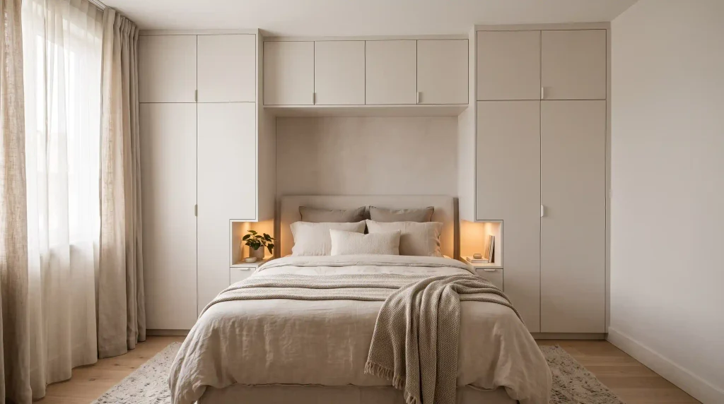 desain lemari built in kamar kecil sekeliling tempat tidur