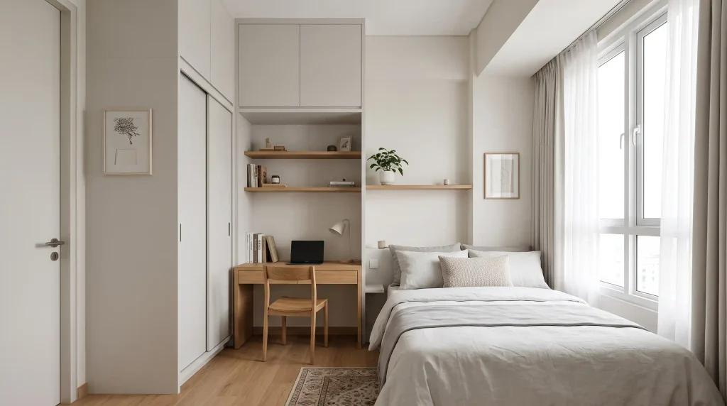 Lemari built-in kamar kecil yang menyatu dengan meja kerja dan rak buku kayu di kamar tidur minimalis modern untuk menghemat tempat.