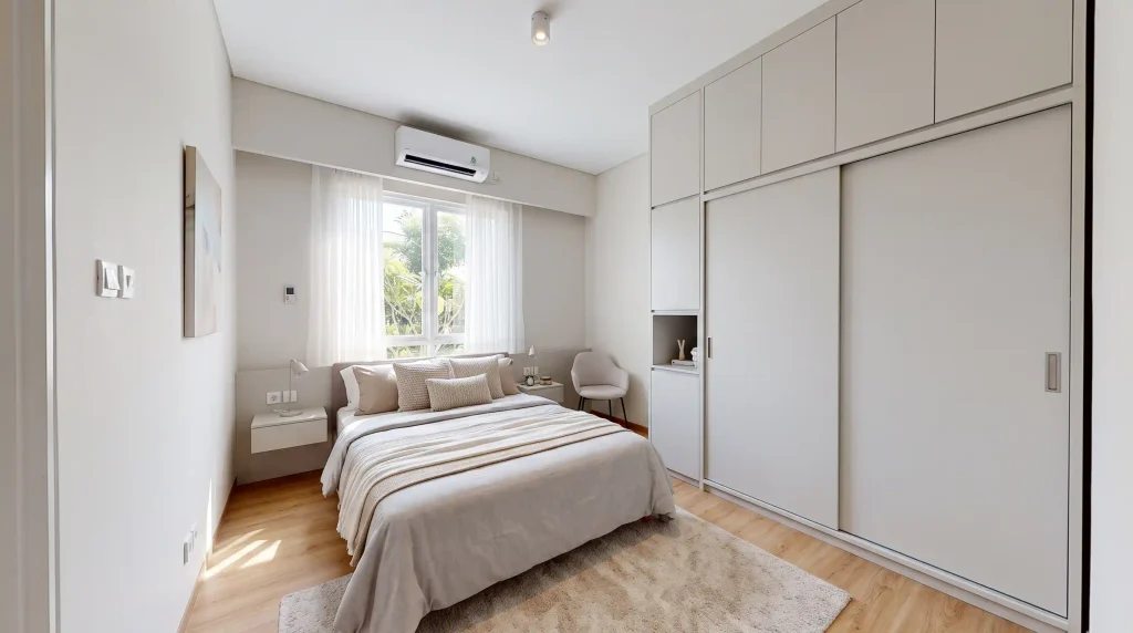 lemari built in kamar tidur kecil satu dinding plafon